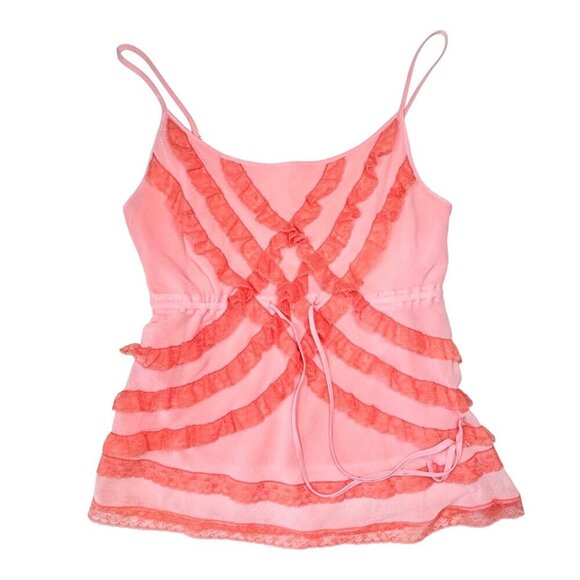 ViTG Y2K Tracy Reese Babydoll Cami Top Sz.8 Peach Silk Ruffle Fairy Coquette - Picture 10 of 11